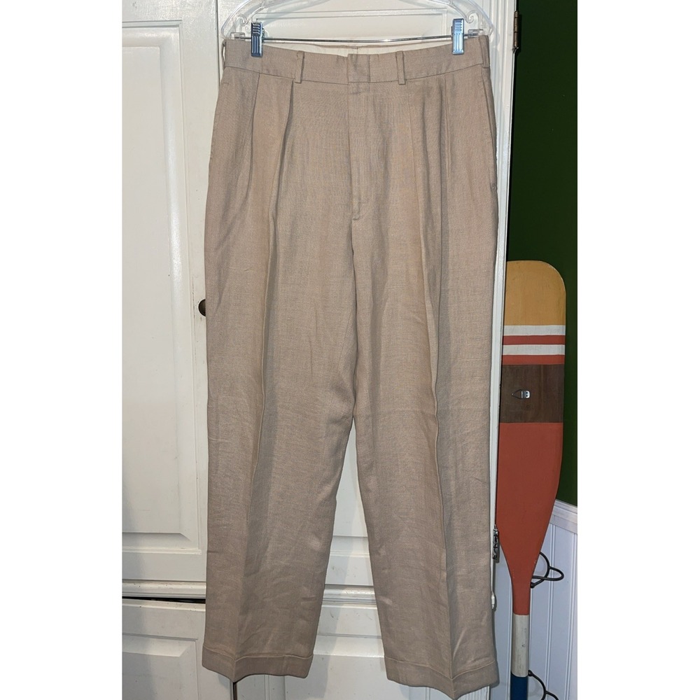 Vintage Polo Ralph Lauren Linen Pants Men 32x30 Beige USA Pleats Cuffed Pockets